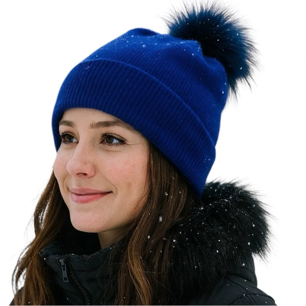 Nordstrom Rack Cashmere Ribbed Knit Beanie Faux Fur Pom Pom Cuff New!